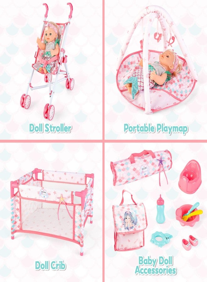deAO Baby Doll Stroller Crib Bed Nursery Role Play Set Baby Doll Accessories and Play Mat,Travel Cot,Foldable Stroller and Travel Bag Birthday for Girls Boys Kids - Image 4