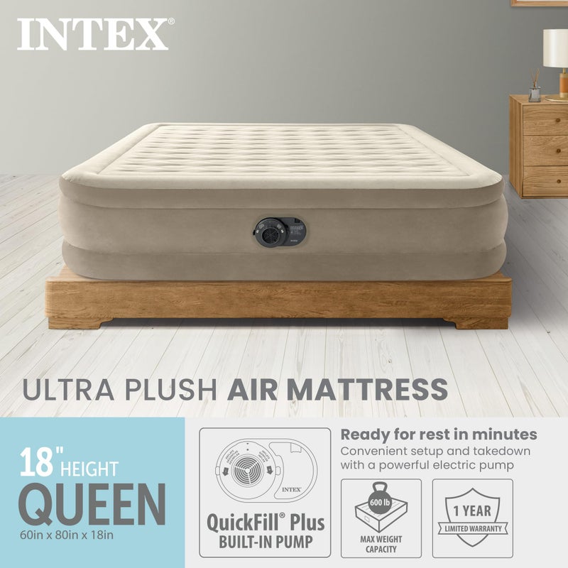 Intex Dura-Beam Deluxe Ultra Plush Air Mattress - Fiber-Tech â€“ Built-in Electric Pump â€“ 18in Bed Height â€“ 600lb Weight Capacity â€“ Queen Size - Image 2