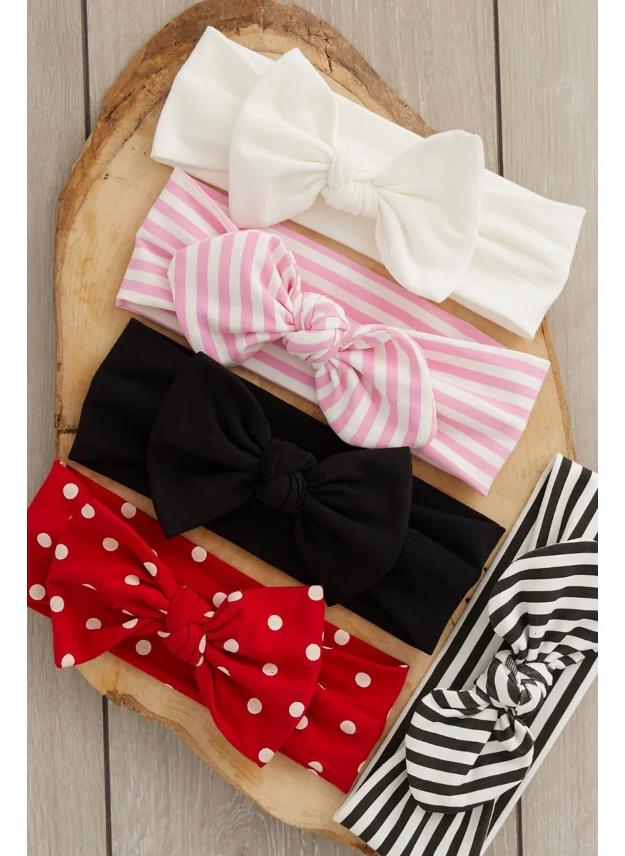 Babygiz Handmade Ultra Soft Bow Tie 100% Natural Cotton Double Layer Combed Five-in-One Baby and Kids Girls Bandana Headband Set - 5 Different Patterns and Colors