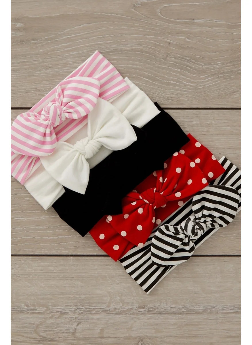 Babygiz Handmade Ultra Soft Bow Tie 100% Natural Cotton Double Layer Combed Five-in-One Baby and Kids Girls Bandana Headband Set - 5 Different Patterns and Colors