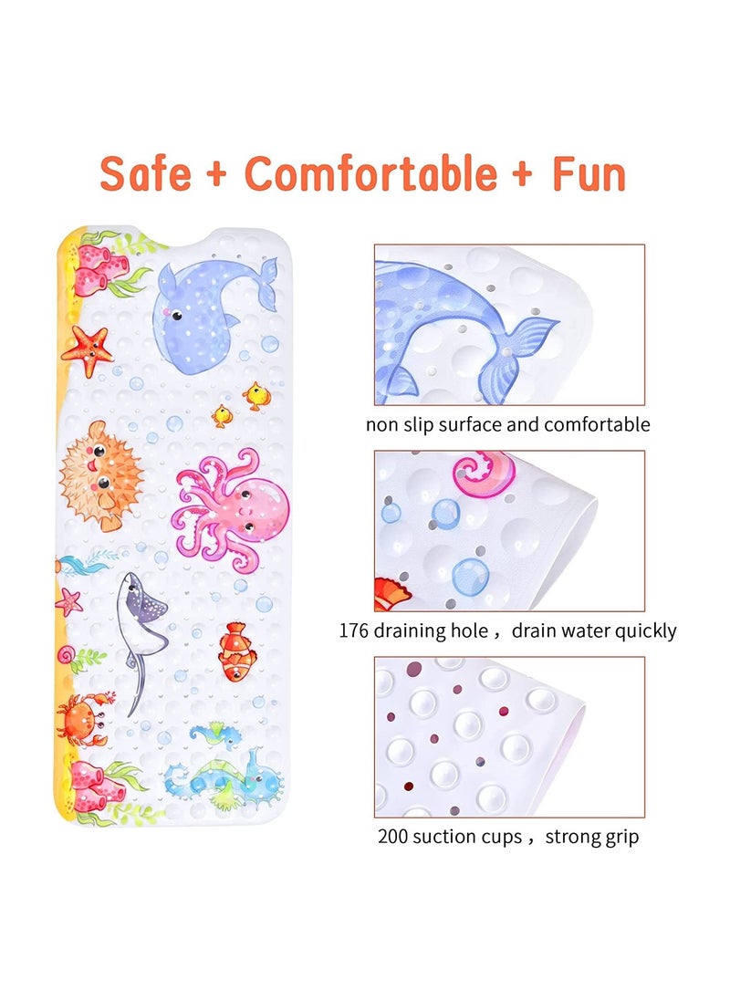 Excefore - Cartoon Non Slip Bathtub Mat for Kids 40x16 Inch Large Size Anti Slip Shower Mats for Toddlers Children Baby Floor Tub Mats with Suction Cups & Drain Holes Machine Washable (Sea World) - Image 1