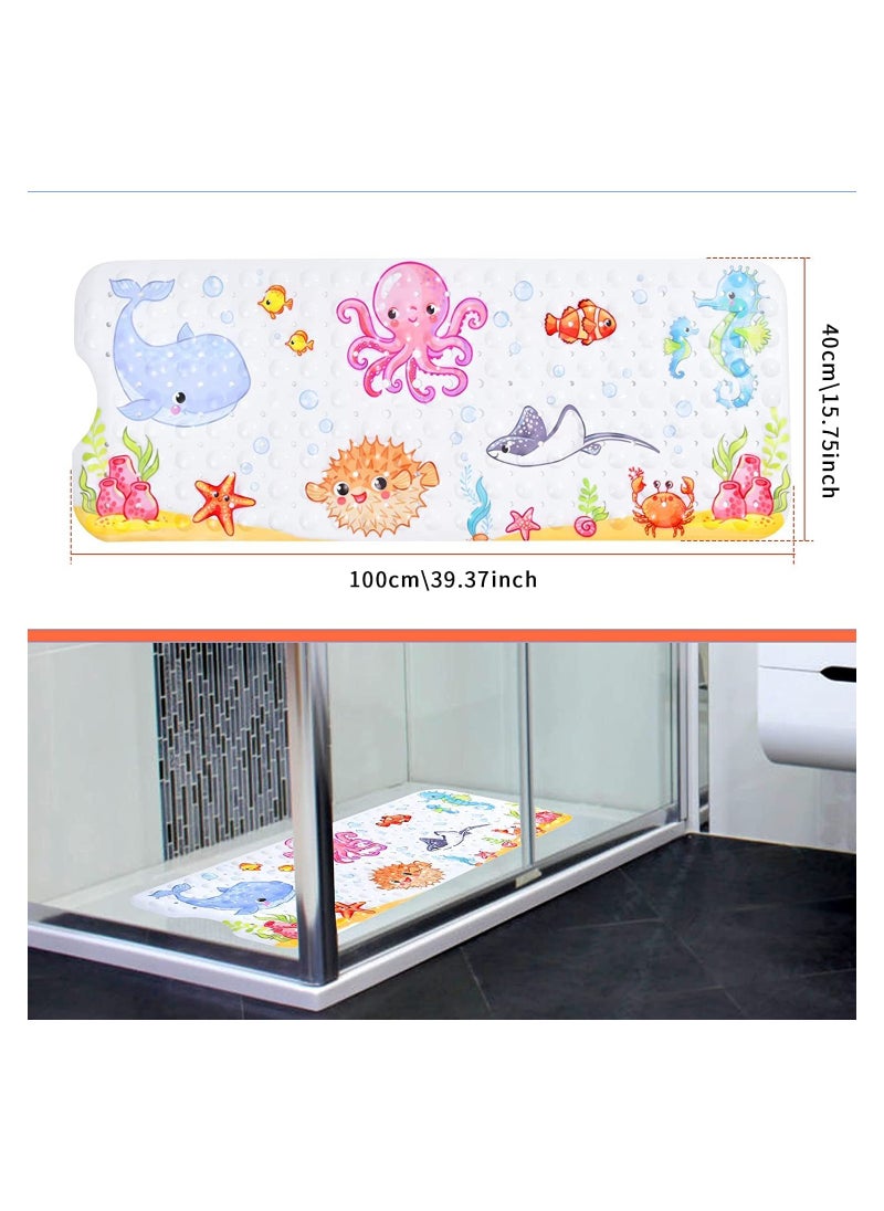Excefore - Cartoon Non Slip Bathtub Mat for Kids 40x16 Inch Large Size Anti Slip Shower Mats for Toddlers Children Baby Floor Tub Mats with Suction Cups & Drain Holes Machine Washable (Sea World) - Image 1