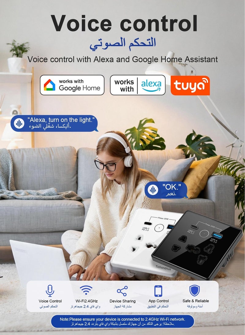 Tichondrius Smart Wall Outlet , with USB+TypC Interface WiFi Smart Touch Wall Socket,uya APP Remote Control,Compatible Alexa and Google Home,2.4G WiFi,13A  (USB+Type C, White)" - Image 3