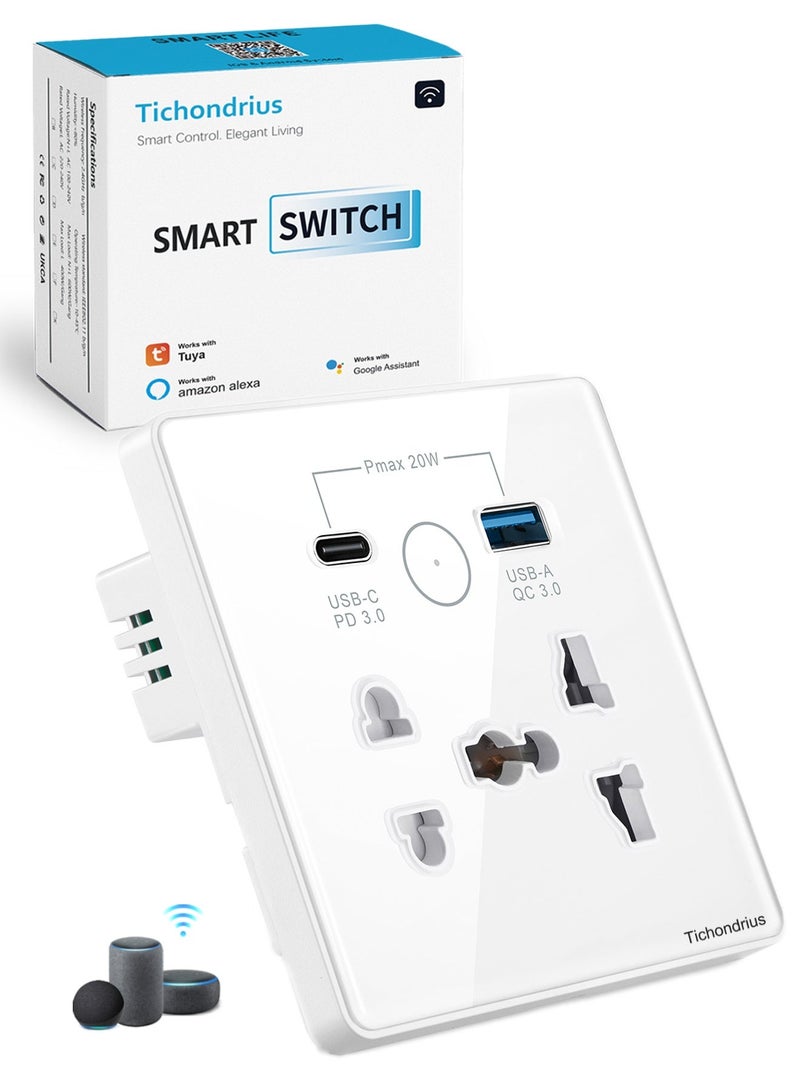 Tichondrius Smart Wall Outlet , with USB+TypC Interface WiFi Smart Touch Wall Socket,uya APP Remote Control,Compatible Alexa and Google Home,2.4G WiFi,13A  (USB+Type C, White)" - Image 1