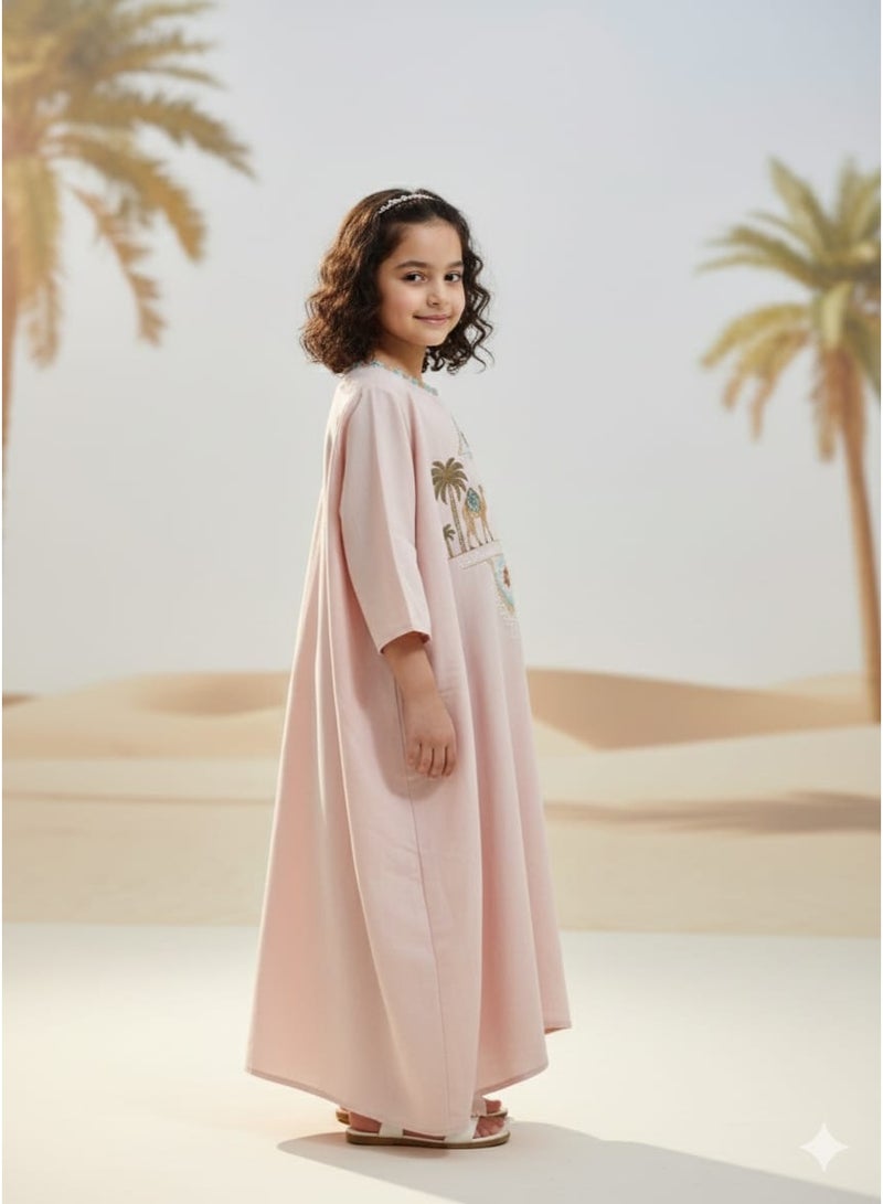 Linelle Rayon Kids Jalabiya, Camel & Palm Embroidered, High Round Neck - Image 2