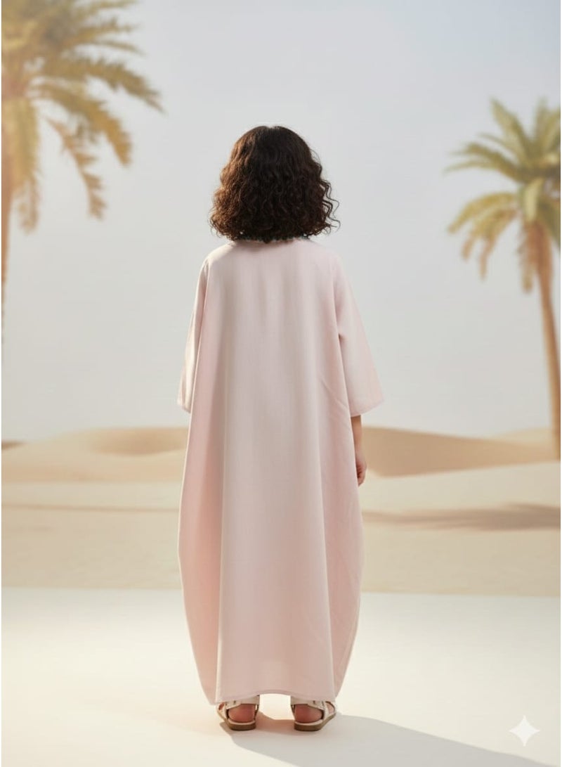 Linelle Rayon Kids Jalabiya, Camel & Palm Embroidered, High Round Neck - Image 3