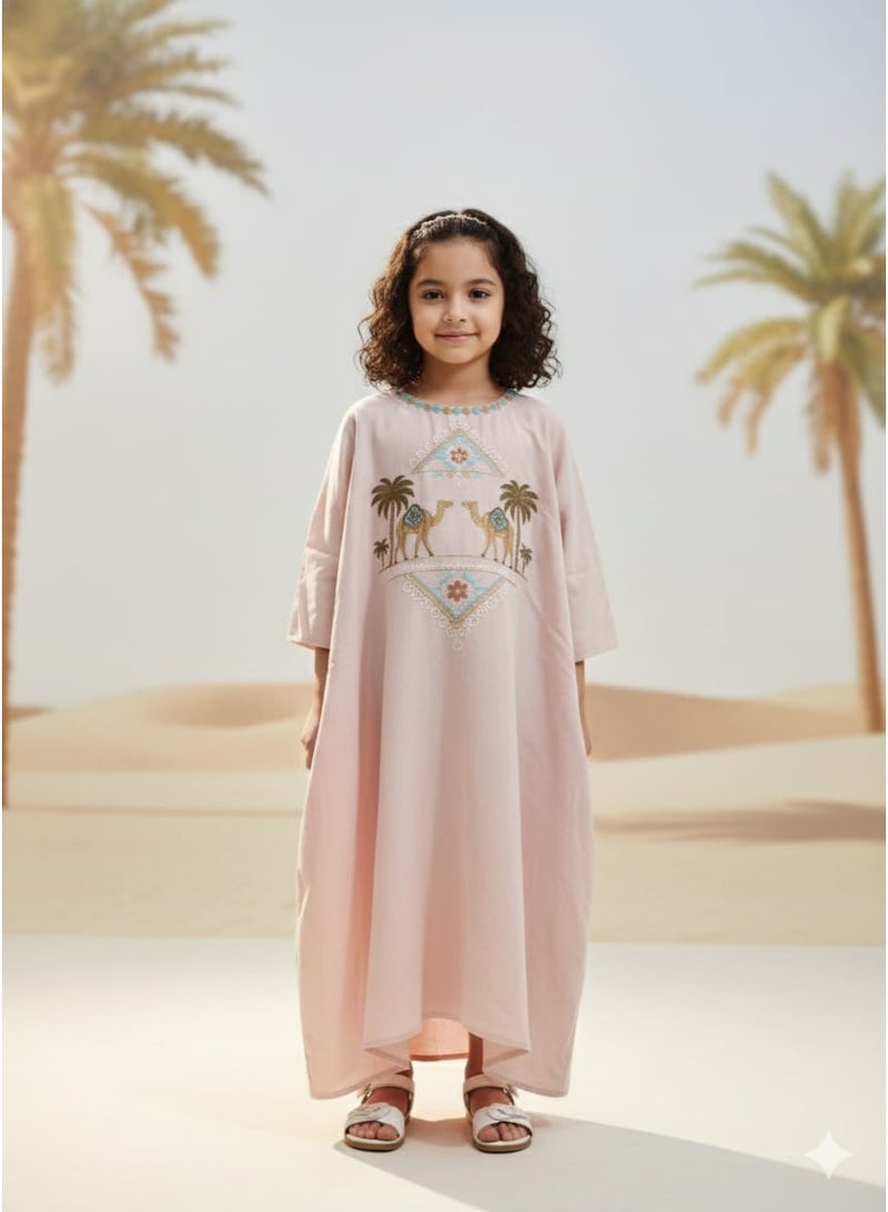 Linelle Rayon Kids Jalabiya, Camel & Palm Embroidered, High Round Neck - Image 1