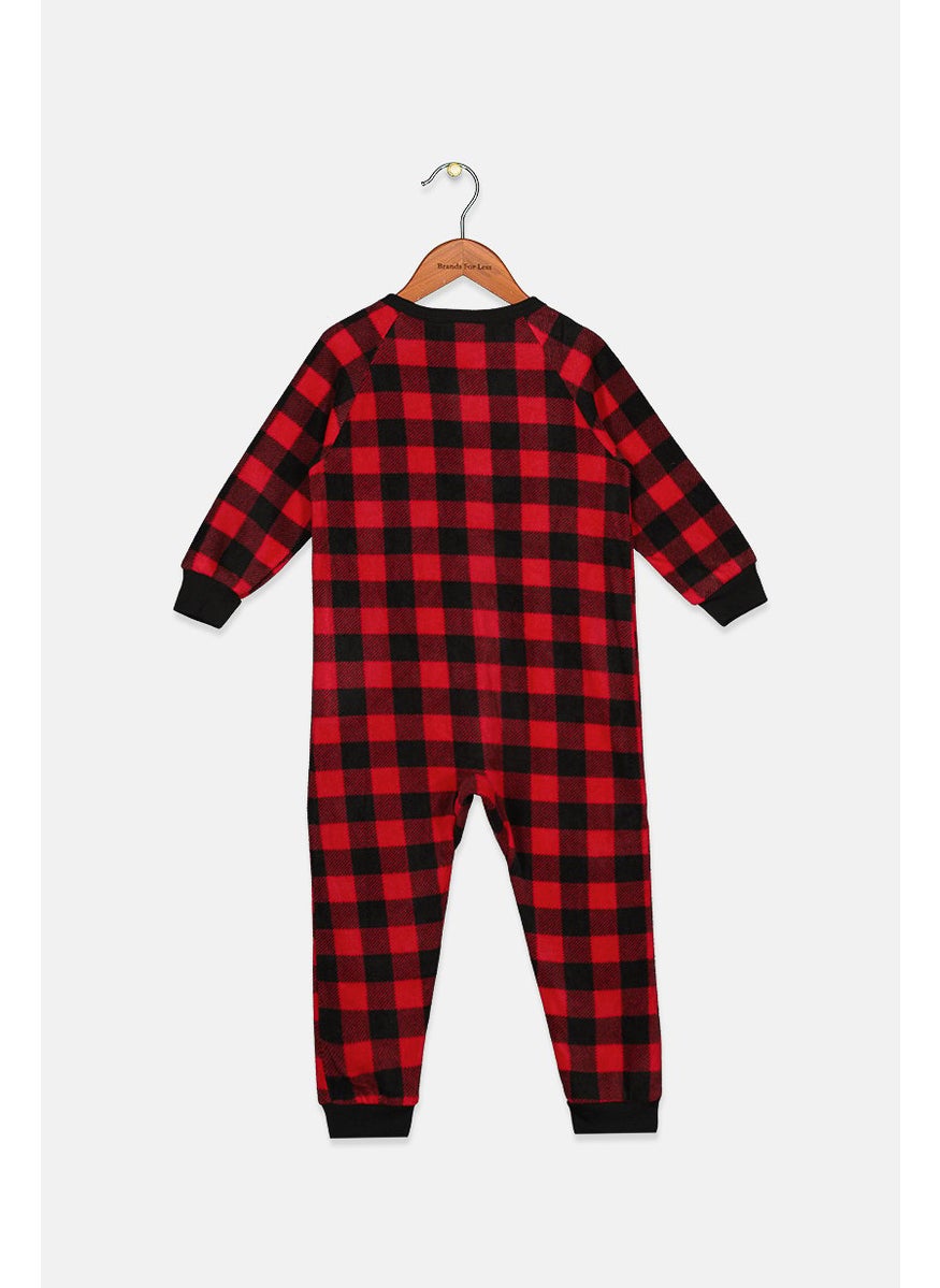 Family PJs - Kids Boy Checkered Zip Up Over All Pyjama, Red and Black - Image 1