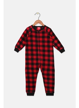 Kids Boy Checkered Zip Up Over All Pyjama, Red and Black