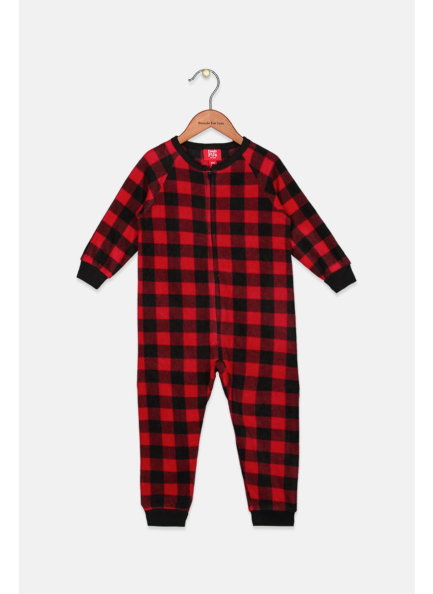 Family PJs - Kids Boy Checkered Zip Up Over All Pyjama, Red and Black - Image 1