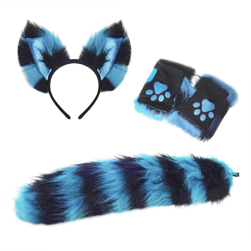 GREUS Cat Wolf Fox Tail Faux Fur Ear Headband and Paw Gloves Set for Adult Children Halloween Christmas Fancy Party Costume Gifts Animal Cosplay Accessories (Blue-Black) - Image 1