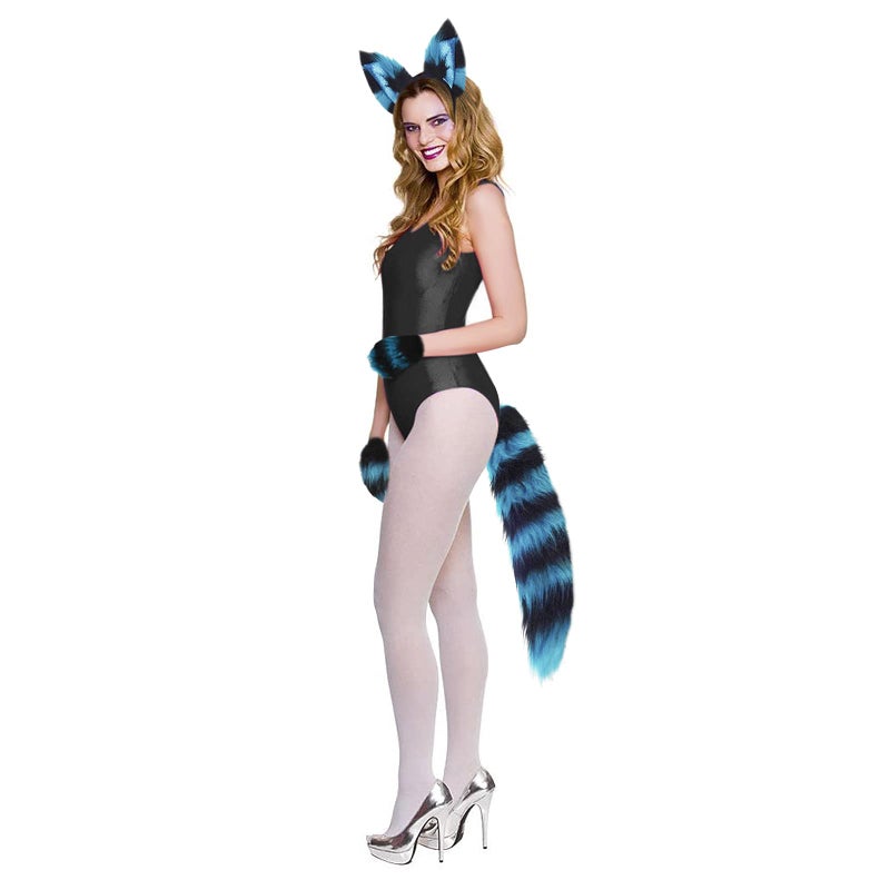 GREUS Cat Wolf Fox Tail Faux Fur Ear Headband and Paw Gloves Set for Adult Children Halloween Christmas Fancy Party Costume Gifts Animal Cosplay Accessories (Blue-Black) - Image 2