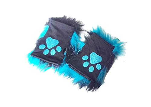 GREUS Cat Wolf Fox Tail Faux Fur Ear Headband and Paw Gloves Set for Adult Children Halloween Christmas Fancy Party Costume Gifts Animal Cosplay Accessories (Blue-Black) - Image 5