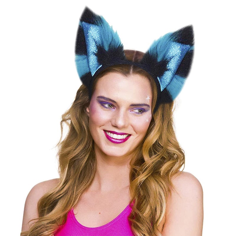 GREUS Cat Wolf Fox Tail Faux Fur Ear Headband and Paw Gloves Set for Adult Children Halloween Christmas Fancy Party Costume Gifts Animal Cosplay Accessories (Blue-Black) - Image 4