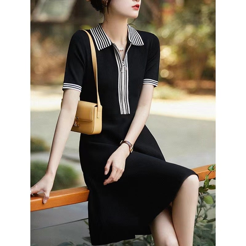 French Style Playful Lightweight Elegant Rip POLO Contrast Collar Academy Style Knitted Dress Womens Summer New Zipper Dress Black