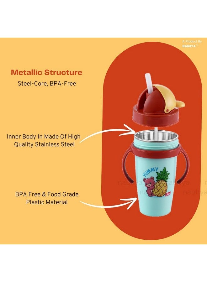 Nabhya Hot & Cold Insulated Stainless Steel 360ml BPA-Free Cute Animal Design Baby Sipper Kids Water Bottle with Straw and Side Handle for Kids (Blue) - Image 4