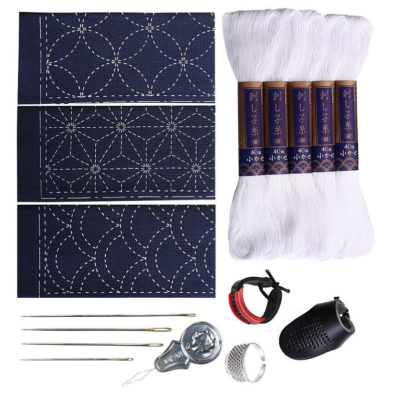 Daruma Sashiko kit, Yokota Sashiko Thread, Needles and Template Yume Fukin with Original English Manual, Thimble Sewing Set, Fabric, Japanese Textile (White Thread / Navy Dishcloth) - Image 1