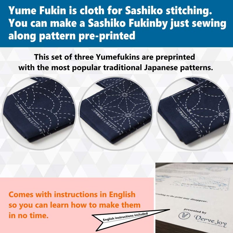 Daruma Sashiko kit, Yokota Sashiko Thread, Needles and Template Yume Fukin with Original English Manual, Thimble Sewing Set, Fabric, Japanese Textile (White Thread / Navy Dishcloth) - Image 3