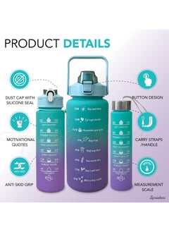 Sprinters - Large 2 Liters 64Oz Bpa Free Multicolor Water Bottle - Leak Proof With Straw, Motivational Quote And Time Marker, Anti Slip For Sports,Fitness, Gym (Green/Purple Pack Of 3)  - Image 2