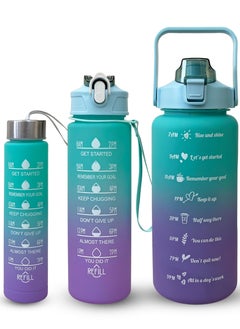 Sprinters - Large 2 Liters 64Oz Bpa Free Multicolor Water Bottle - Leak Proof With Straw, Motivational Quote And Time Marker, Anti Slip For Sports,Fitness, Gym (Green/Purple Pack Of 3)  - Image 1
