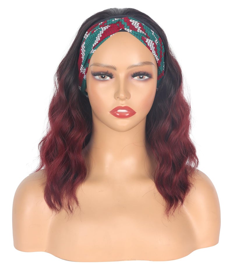 SYMEIW Short Red Wavy Headband Wig For Black Women Synthetic Black To Red Half Wigs With Headband Attached Daily Use Wig - Image 1