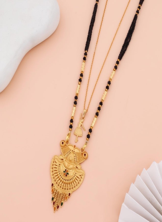 MALKYN Women's Gold Plated Intricate Motif Mangalsutra with Colorful Enamel Accents and Ballerina Pendant Layered Necklace Set, Traditional Black Beads Indian Jewelry-MD-025 - Image 2
