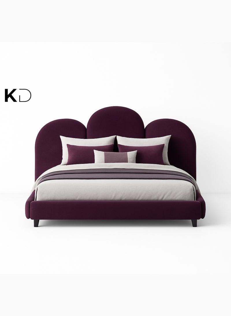 KustomDeco Butterfly Luxury Velvet Upholstered Bed Frame with Curved Arched Headboard | Modern Customizable Bed Elegant Design Double Size Bed 120x200cm Deep Plum Purple - Image 1