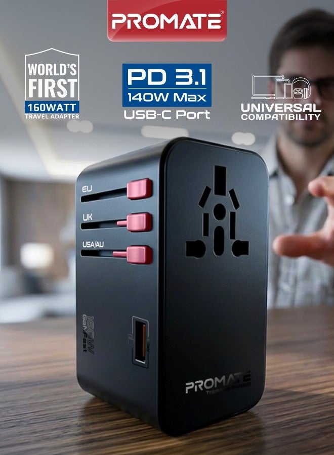 TripMate-GaN160 Universal Travel Adapter 160W with 2500W AC Socket, GaNFast Technology, Triple PD140 USB-C Ports, 60W USB-A Fast Charging, Worldwide US/UK/EU/AU Plug Adapter, 10A Fuse Protection for MacBook, Laptop, iPhone & Samsung Black