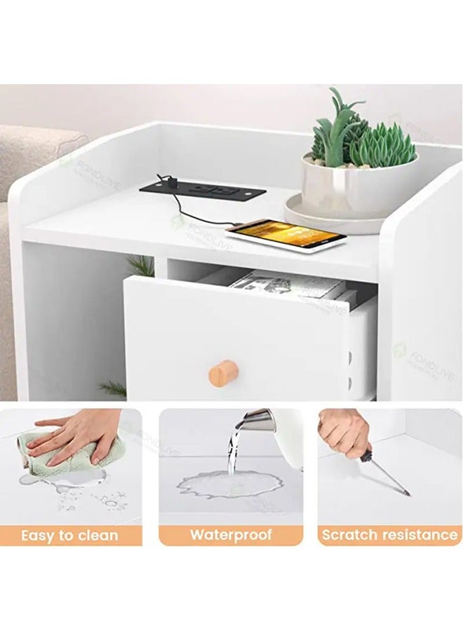 طاولة جانبية عصرية حديثة، طاولة جانبية جانبية رائعة وعملية مع رف تخزين مفتوح، أثاث غرفة نوم عصري (أبيض، درجان مع مقصورة ， 48*43*30 سم) - Image 2