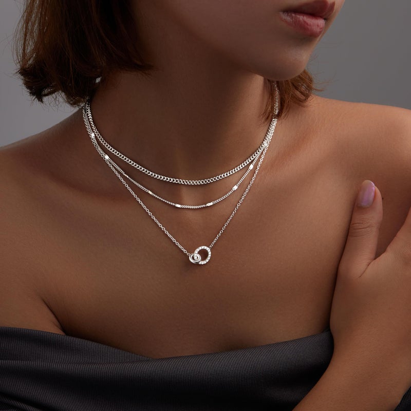WomenGifts Layered Silver Necklaces for Women, Silver Plated Dainty Pendant Necklace Set with Double Cubic Zirconia Circle, Chunky Stackable Cuban Chain Choker, Trendy Waterproof Jewelry Gift - Image 3