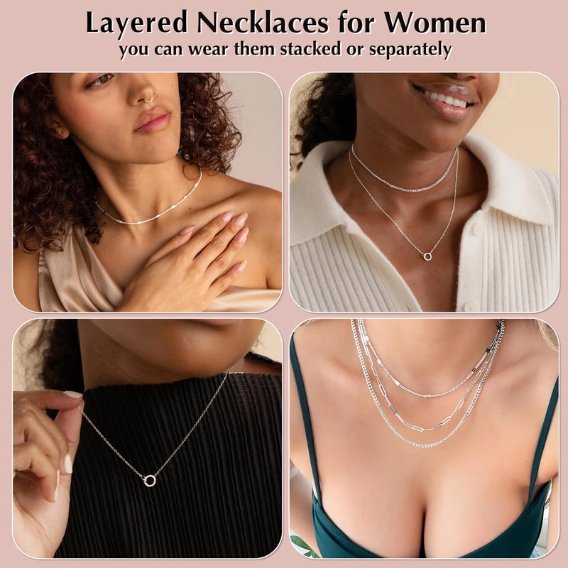 WomenGifts Layered Silver Necklaces for Women, Silver Plated Dainty Pendant Necklace Set with Double Cubic Zirconia Circle, Chunky Stackable Cuban Chain Choker, Trendy Waterproof Jewelry Gift - Image 5
