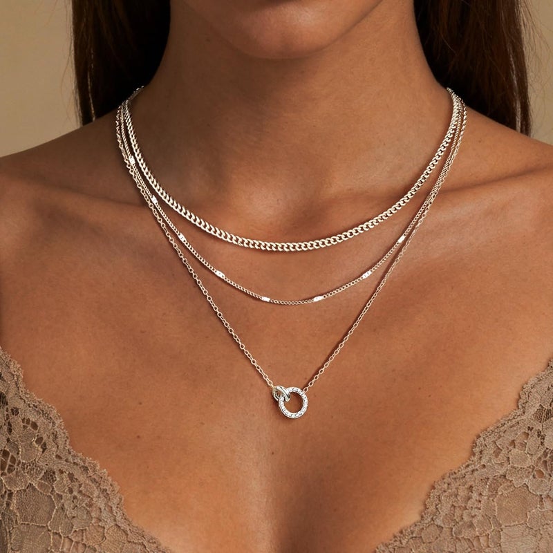WomenGifts Layered Silver Necklaces for Women, Silver Plated Dainty Pendant Necklace Set with Double Cubic Zirconia Circle, Chunky Stackable Cuban Chain Choker, Trendy Waterproof Jewelry Gift - Image 4