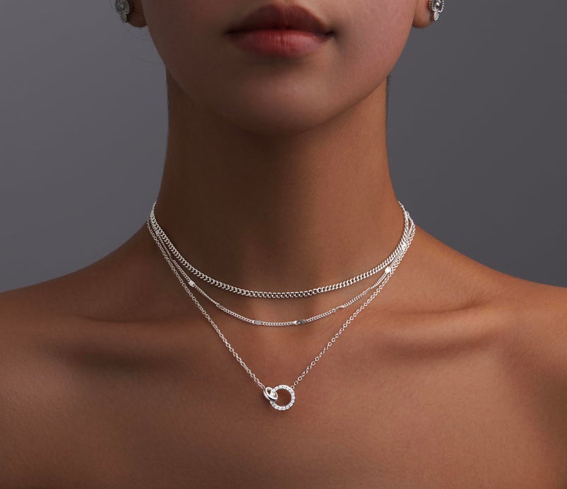 WomenGifts Layered Silver Necklaces for Women, Silver Plated Dainty Pendant Necklace Set with Double Cubic Zirconia Circle, Chunky Stackable Cuban Chain Choker, Trendy Waterproof Jewelry Gift - Image 2