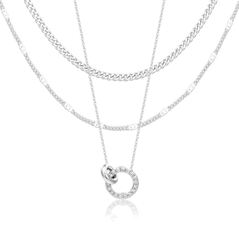 WomenGifts Layered Silver Necklaces for Women, Silver Plated Dainty Pendant Necklace Set with Double Cubic Zirconia Circle, Chunky Stackable Cuban Chain Choker, Trendy Waterproof Jewelry Gift - Image 1