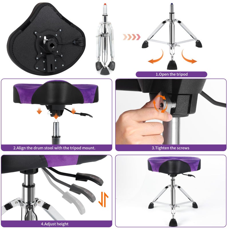 AKLOT Saddle Drum Throne, Hydraulic Drum Throne, Heavy Duty Drum Seat, Height Adjustable Suede Drum Chair, Motorcycle Style Drum Stool for Adults Drummers Purple - Image 4