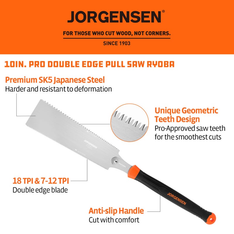 JORGENSEN Japanese Pull Saw, 10 Inch Pro Double Edge Hand Saw - SK5 Flexible Replaceable Blade, 7-12 & 18 TPI Flush Cut Blade, Japanese Handsaw for Hardwood & Softwood Woodworking, Wood Trim - Image 2