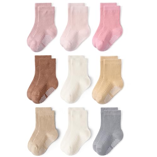 Bearbay Toddler Non Slip Cotton Crew Socks with Anti-slip Dots for Infant Baby Boys Girls 9 Pairs Plain Pink - Image 1