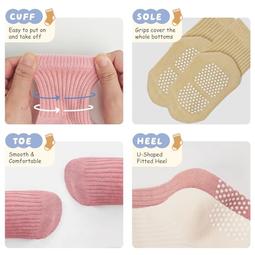 Bearbay Toddler Non Slip Cotton Crew Socks with Anti-slip Dots for Infant Baby Boys Girls 9 Pairs Plain Pink - Image 4