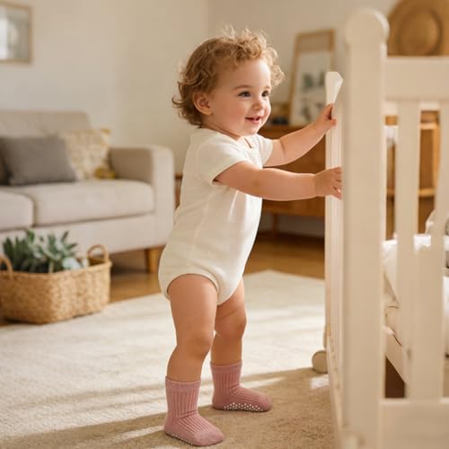 Bearbay Toddler Non Slip Cotton Crew Socks with Anti-slip Dots for Infant Baby Boys Girls 9 Pairs Plain Pink - Image 2