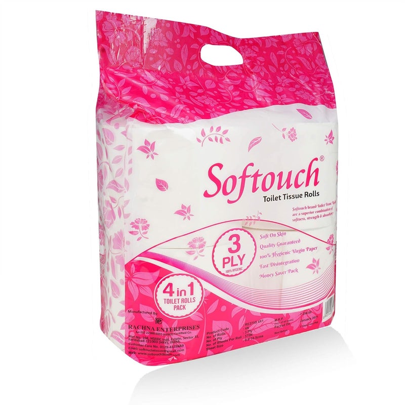 Softouch 3 Ply Toilet Paper Tissue - 4 Rolls (375 Sheets Per Roll) (Pack of 2) - Image 4