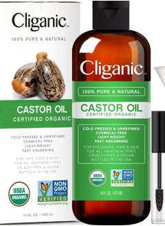 Cliganic USDA Organic Castor Oil, 100% Pure (16oz with Eyelash Kit) - For Eyelashes, Eyebrows, Hair & Skin | Bulk, Natural Cold Pressed Unrefined Hexane-Free | DIY Carrier Oil  - Image 1