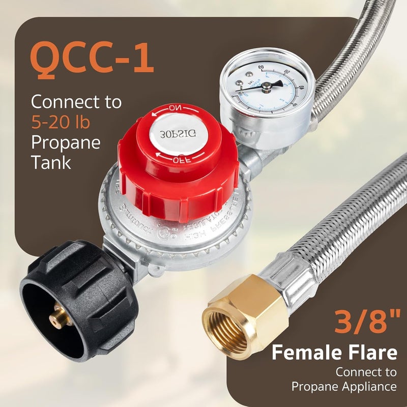 GASPRO 0-30 PSI Adjustable High Pressure Propane Regulator with Gauge, 5-Foot Stainless Braided Hose, Perfect for Turkey Fryer, Gas Burner, Fire Pit - Image 3