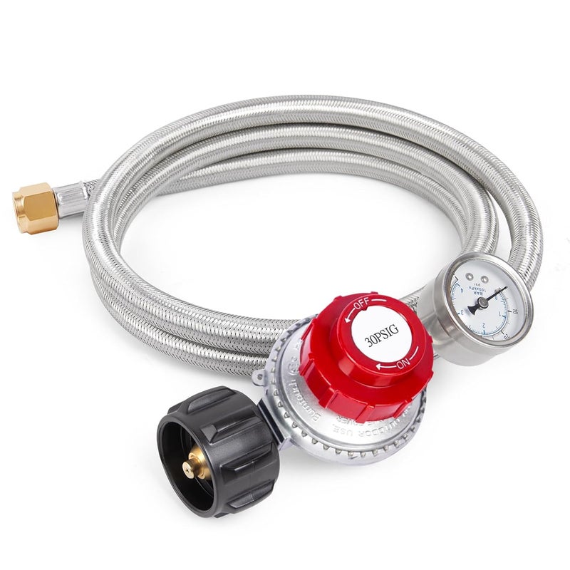 GASPRO 0-30 PSI Adjustable High Pressure Propane Regulator with Gauge, 5-Foot Stainless Braided Hose, Perfect for Turkey Fryer, Gas Burner, Fire Pit - Image 1