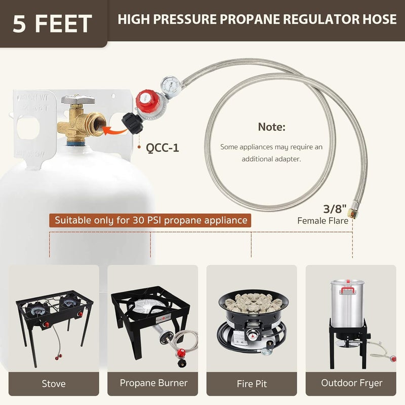 GASPRO 0-30 PSI Adjustable High Pressure Propane Regulator with Gauge, 5-Foot Stainless Braided Hose, Perfect for Turkey Fryer, Gas Burner, Fire Pit - Image 4