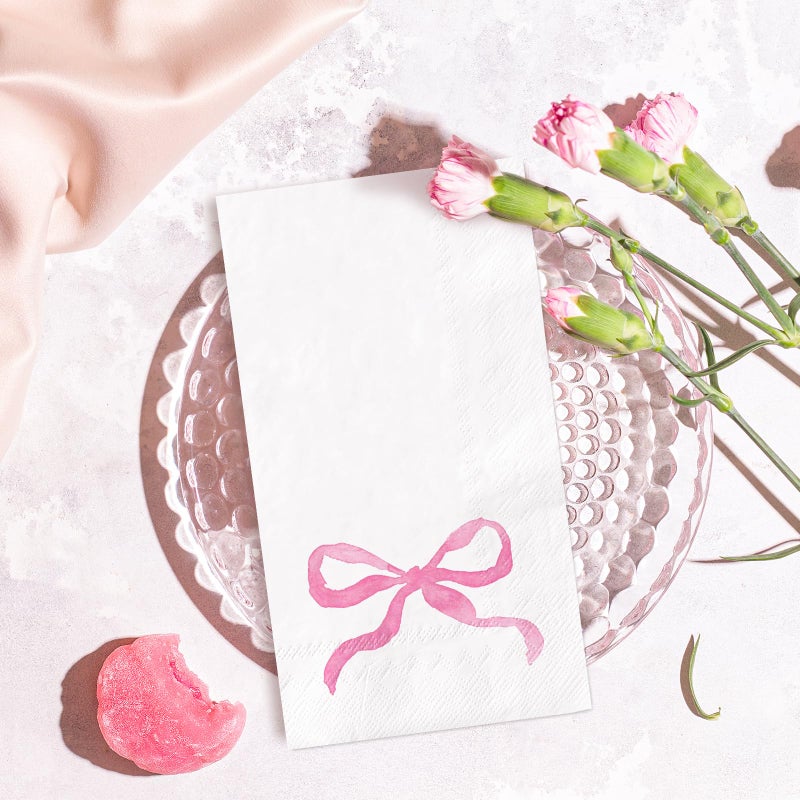 FYSUIMU FYSUIMU 100Pcs Pink Bow Paper Guest Napkins Watercolor Bowknot Bathroom Napkin Disposable Hand Towel Napkin for Home Party Supplies - Image 3