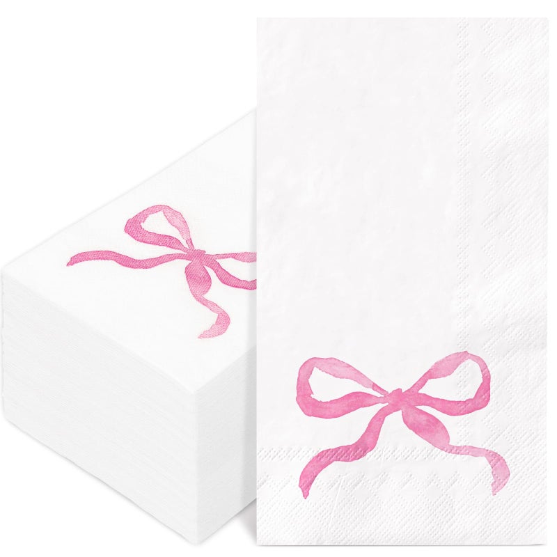 FYSUIMU FYSUIMU 100Pcs Pink Bow Paper Guest Napkins Watercolor Bowknot Bathroom Napkin Disposable Hand Towel Napkin for Home Party Supplies - Image 1