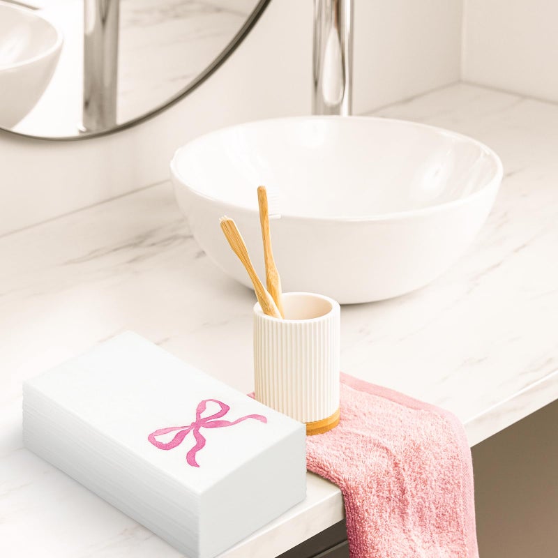 FYSUIMU FYSUIMU 100Pcs Pink Bow Paper Guest Napkins Watercolor Bowknot Bathroom Napkin Disposable Hand Towel Napkin for Home Party Supplies - Image 5