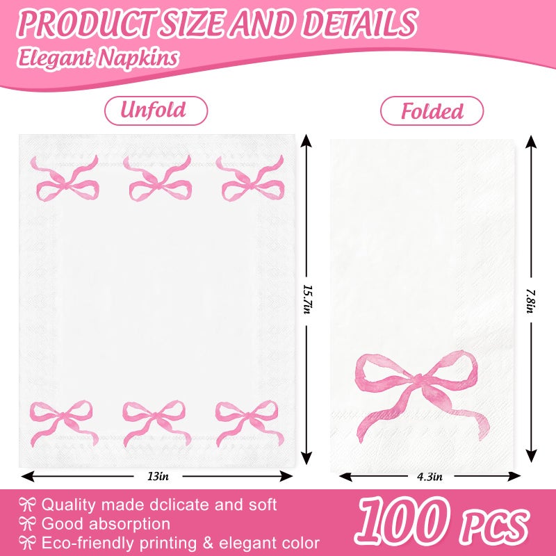 FYSUIMU FYSUIMU 100Pcs Pink Bow Paper Guest Napkins Watercolor Bowknot Bathroom Napkin Disposable Hand Towel Napkin for Home Party Supplies - Image 2