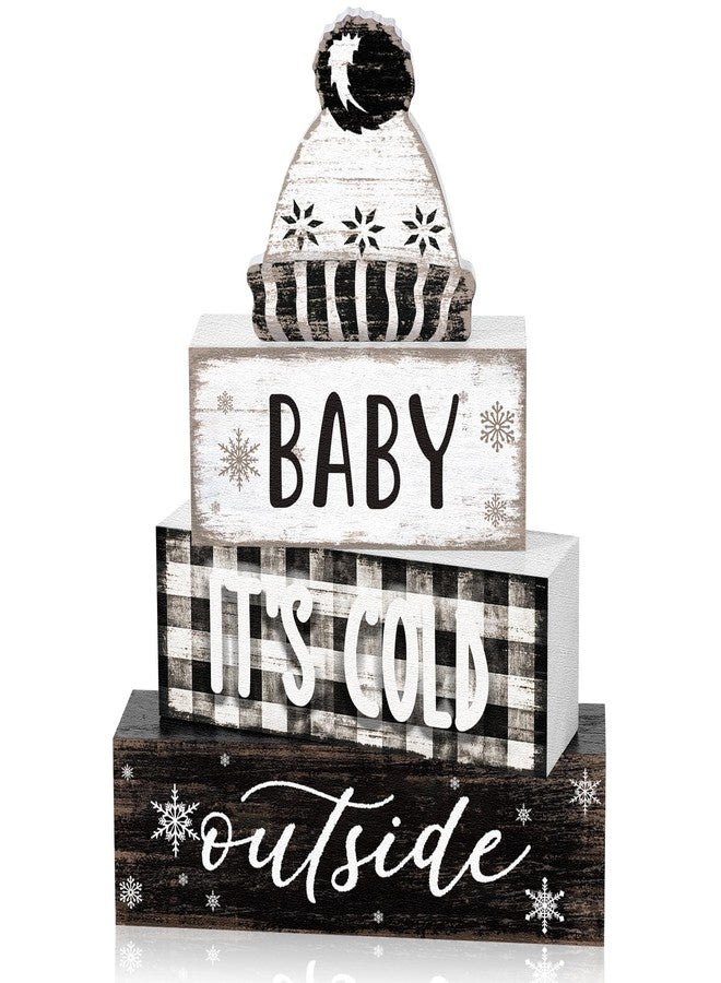 مجموعة مارسوي المكونة من 4 قطع لتزيين طاولة الشتاء، تتضمن قبعة خشبية، لوحة خشبية، صينية متعددة الطبقات بتصميم ريفي، ديكور "الجو بارد بالخارج"، قطعة مركزية أنيقة للطاولة، ديكور شتوي دافئ ومحايد للمنزل والمكتب والرف. - Image 1