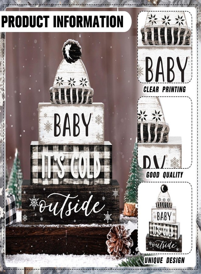 مجموعة مارسوي المكونة من 4 قطع لتزيين طاولة الشتاء، تتضمن قبعة خشبية، لوحة خشبية، صينية متعددة الطبقات بتصميم ريفي، ديكور "الجو بارد بالخارج"، قطعة مركزية أنيقة للطاولة، ديكور شتوي دافئ ومحايد للمنزل والمكتب والرف. - Image 4